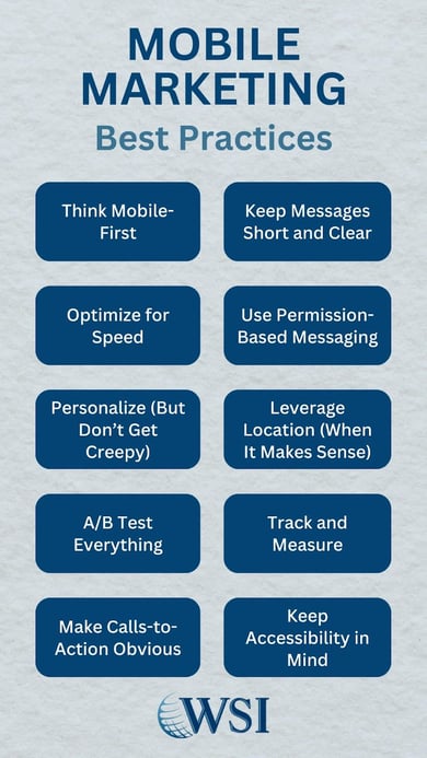  Mobile marketing guide infographic listing best practices like speed, personalization, and A/B testing.